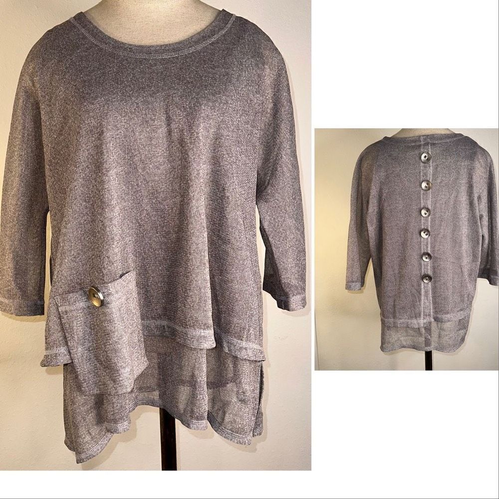 Ali Miles Womens MP Gray Mesh Modern Lagenlook Button Back Casual Relaxed Blouse